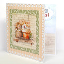 Greeting card with two cats in pots on a decorative background