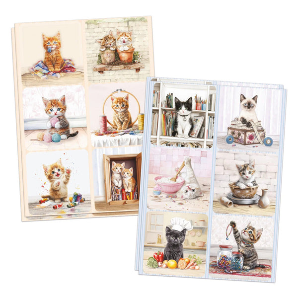 Set of greeting cards with cute cat illustrations on a white background