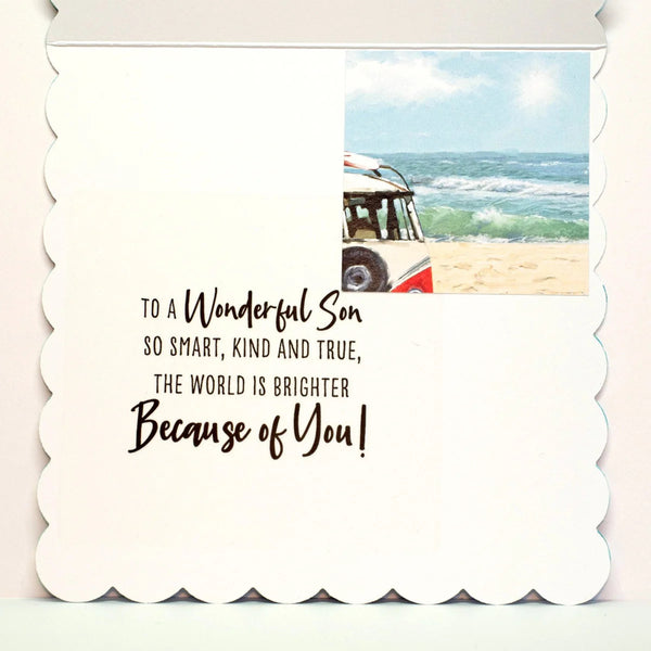 A scalloped white greeting card with a beach photo printed in the upper right and the message, 'TO A Wonderful Son SO SMART, KIND AND TRUE, THE WORLD IS BRIGHTER Because of You!' in black text.