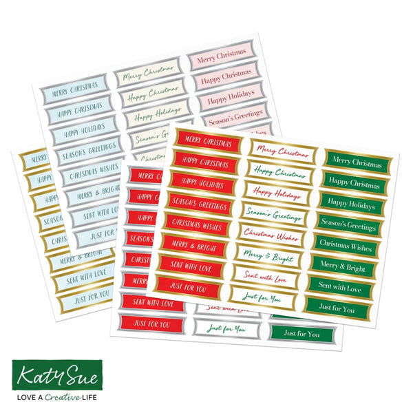 Collection of Christmas-themed labels with various messages on a white background, featuring the brand 'Kati Sue'.
