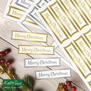 Merry Christmas labels on a wooden surface with decorative elements.