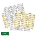 Three sheets of rectangular 'Merry Christmas' labels in white, gray, and metallic gold, arranged on a white background with a Katy Sue brand logo in the bottom-left corner.