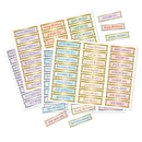 Sheet of decorative stickers with various text designs on a white background