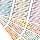 Collection of decorative labels with phrases like 'Happy Birthday', 'Special Friend', and 'Best Wishes' in pastel colors.