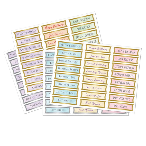 Three sheets of colorful birthday message stickers arranged on a white background. The stickers feature gold borders and pastel backgrounds in pink, blue, green, and lavender, with various celebratory phrases like 'Happy Birthday', 'Just for You', and 'Special Birthday Wishes'.