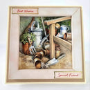 Gardening tools and plants with 'Best Wishes' and 'Special Friend' text on a card.