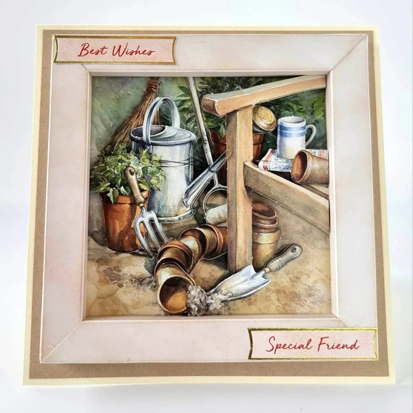 Gardening tools and plants with 'Best Wishes' and 'Special Friend' text on a card.