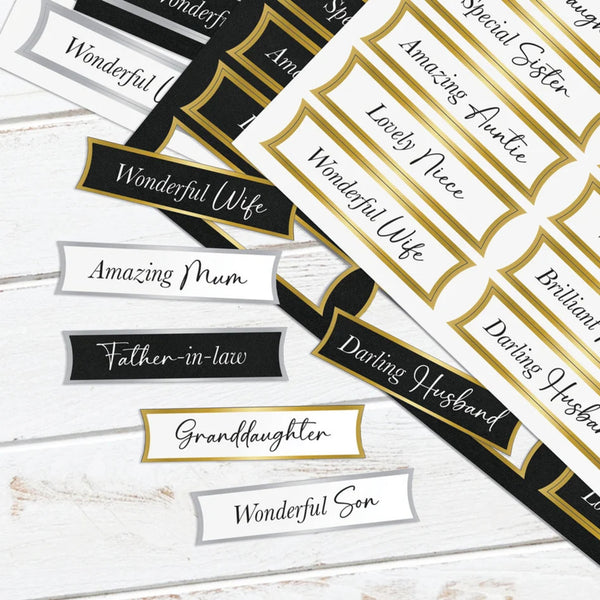 Collection of decorative name tags with phrases like 'Wonderful Wife' and 'Amazing Mum' on a white background.