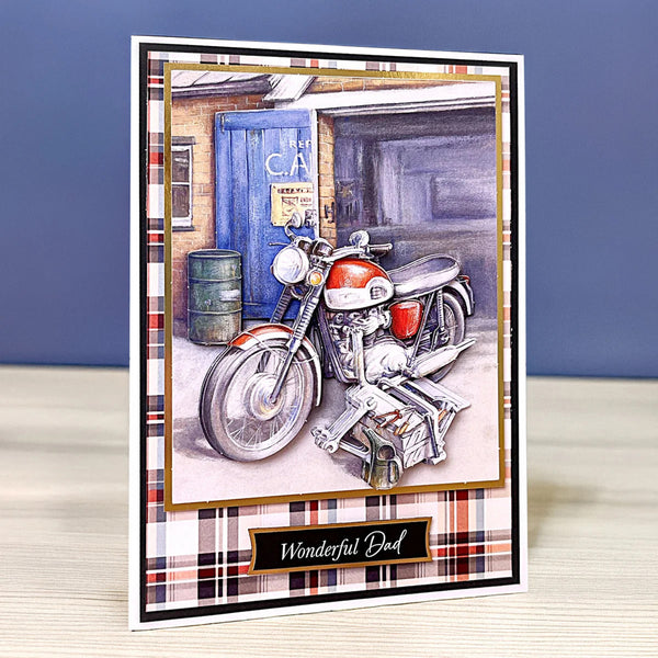 Greeting card with a motorcycle illustration and 'Wonderful Dad' text on a plaid background.