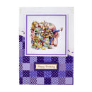 Birthday card with a colorful design of a girl and dog on a patchwork background.