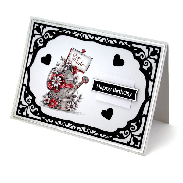 Birthday card with decorative teapot illustration and text on a white background