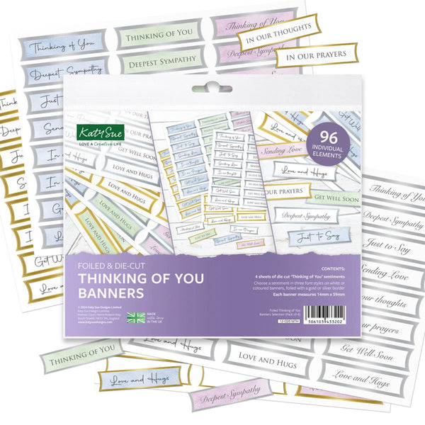 Kate and Sofie Thinking of You Banners sticker pack, featuring 96 foiled and die-cut labels with various sympathy and thoughtfulness phrases in pastel colors with gold borders.