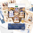 Nativity scenes pop-up card making kit packaging with examples of cards on a white background