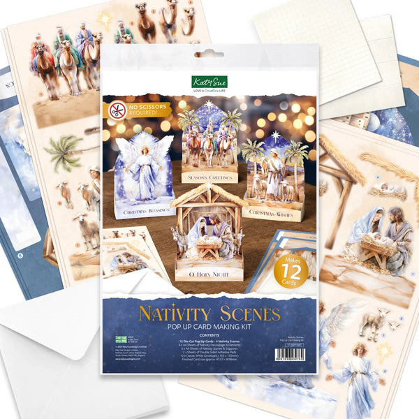 Nativity scenes pop-up card making kit packaging with examples of cards on a white background