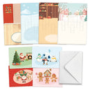 A Christmas-themed advent calendar set with multiple illustrated panels showing holiday scenes, Santa, snow animals, gingerbread houses, and a white envelope on a clean white background.