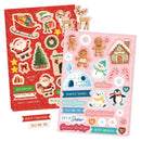 Two Christmas-themed sticker sheets displayed on a white background. One sheet is red with festive holiday illustrations like Santa Claus, a Christmas tree, reindeer, and gifts.