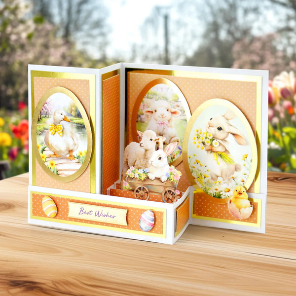Easter-themed card with cartoon animals on a wooden surface with a blurred floral background