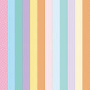 A vertical striped pattern featuring pastel colors including pink, light blue, lavender, yellow, peach, pale blue, and cream, each with a subtle repeating floral or polka-dot motif.