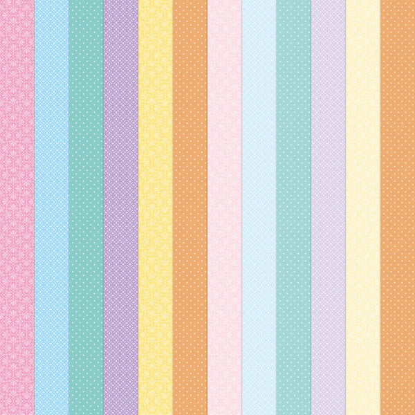 A vertical striped pattern featuring pastel colors including pink, light blue, lavender, yellow, peach, pale blue, and cream, each with a subtle repeating floral or polka-dot motif.