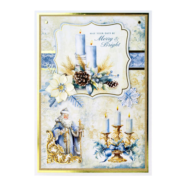 Decorative Christmas card with Santa Claus, candles, and winter elements on a white background.