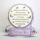 A 3D pop-up greeting card with a circular message that reads 'Wishing you STRENGTH with each new day, Hoping GOOD HEALTH is on its way. Rest and heal, take gentle care, GET WELL SOON we're always there.