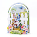 Gnome-themed greeting card with flowers and a butterfly on a white background