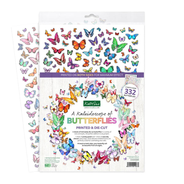 A package of Kate and Sue Butterfly Kaleidoscope printed and die-cut stickers, showing a white backing sheet filled with colorful butterfly stickers and a second sheet fanned out behind it on a white background.