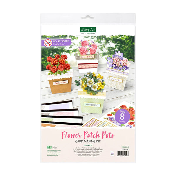 Kate Sue Flower Patch Pots Card Making Kit in its retail packaging, featuring illustrated card designs, floral patches, and craft paper elements on a white background.