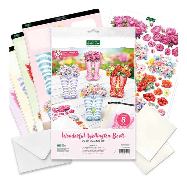 Kester's 'Wonderful Wellington Boots' card making kit, showing the main printed package in front of several pastel card stock sheets and floral sticker sheets on a white background.