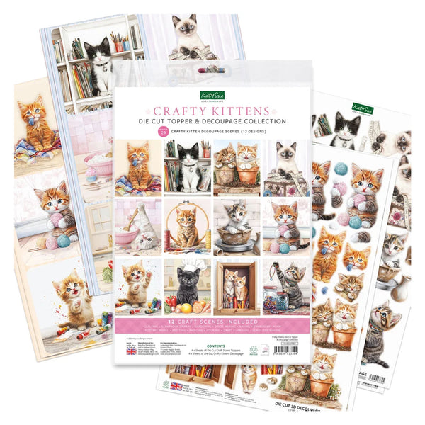 A craft kit package labeled 'Crafty Kittens Die Cut Topper & Decoupage Collection' surrounded by sample sheets and cards featuring illustrated kittens in home and play scenes.
