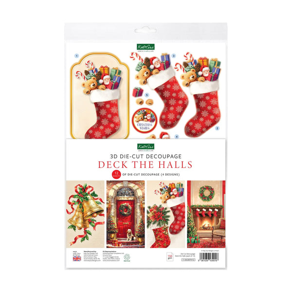 Scrapbook World 'Deck the Halls' 3D die-cut decoupage kit in its original retail packaging, featuring Christmas-themed designs of stockings, bells, and a fireplace.