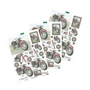Five sheets of die-cut scrapbooking paper featuring vintage red and black motorcycles, hearts, and text like 'Best Brother' and 'Heardland', arranged on a white background.