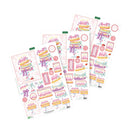 Four sheets of colorful birthday-themed stickers arranged in an overlapping fan layout on a plain white background. The stickers feature illustrated cakes, candles, ribbons, balloons, and party decorations in pastel pink, purple, yellow, and blue tones.