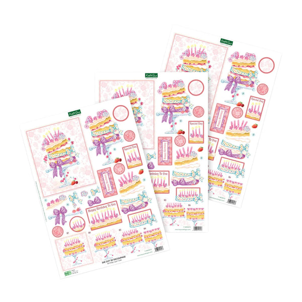 Four sheets of colorful birthday-themed stickers arranged in an overlapping fan layout on a plain white background. The stickers feature illustrated cakes, candles, ribbons, balloons, and party decorations in pastel pink, purple, yellow, and blue tones.