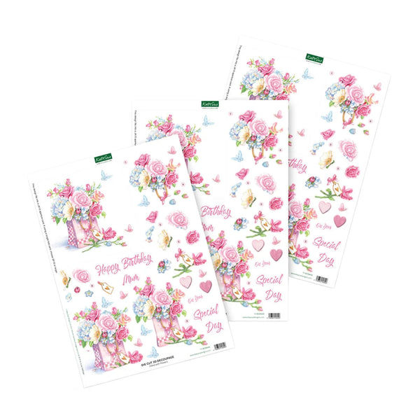 Three sheets of decorative birthday stickers with pink floral bouquets, hearts, butterflies, and phrases like 'Happy Birthday' and 'Special Day' on a white background.
