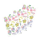 Three sheets of floral stickers featuring pink and purple flowers, green leaves, and yellow baskets, displayed on a clean white background.
