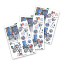 Three printed motorcycle-themed sticker sheets arranged overlapping on a white background. The sheets feature illustrated motorcycles, small tools, and circular labels with text, including the visible brand name 'Socces' at the top of each sheet.