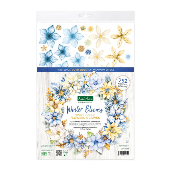 Kreativity Studio 'Winter Blooms' printed die-cut flower and leaves craft paper pack, featuring 752 elements in blue, yellow, and white floral designs on a white wood-textured background.