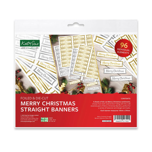 Package of foiled and die-cut Merry Christmas straight banners by Kathy Sue on a white background.