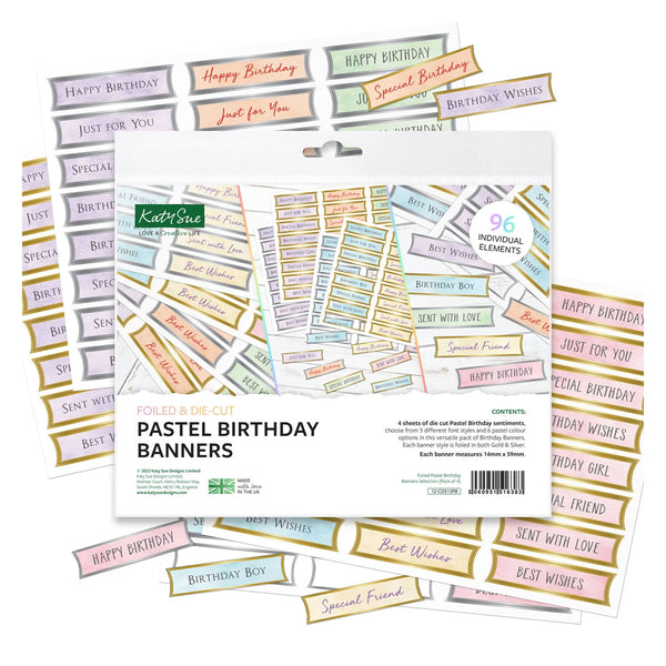 A package of KitchiCraft pastel birthday banners shown with several sample banner sheets fanned out behind it on a white background.