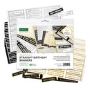Kathlene 96 individual straight birthday banners in black, white, and gold, shown in their retail packaging with several loose sample banners displayed around it.