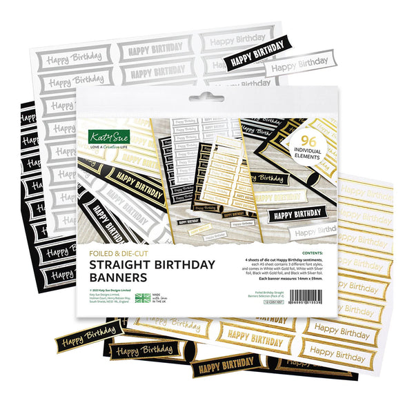 Kathlene 96 individual straight birthday banners in black, white, and gold, shown in their retail packaging with several loose sample banners displayed around it.