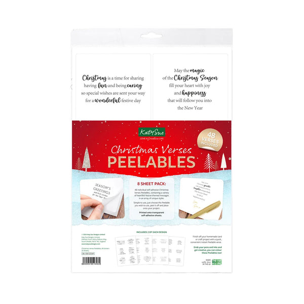 A retail package of Kate and Jane Christmas Verse Peelables, featuring a white header card with holiday quotes and a red and light blue illustrated front panel showing sample peelable sheets.