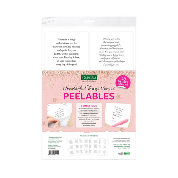 Katrina's Wonderful Days Verses Peelables 8-sheet pack, featuring a white and pink card design with sample text and a pink highlighter shown on the front.