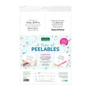 A package of Kate and Leo 'A Year of PEELABLES' birthday-themed stamp and transfer sheets, featuring various text designs for Happy Birthday messages on a white background with colorful confetti graphics.