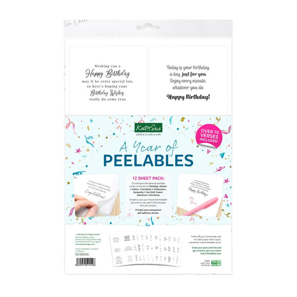 A package of Kate and Leo 'A Year of PEELABLES' birthday-themed stamp and transfer sheets, featuring various text designs for Happy Birthday messages on a white background with colorful confetti graphics.