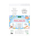 Katrina's Birthday Selection Peelables sheet pack, featuring 12 sheets with various birthday-themed phrases and illustrations on a white background.