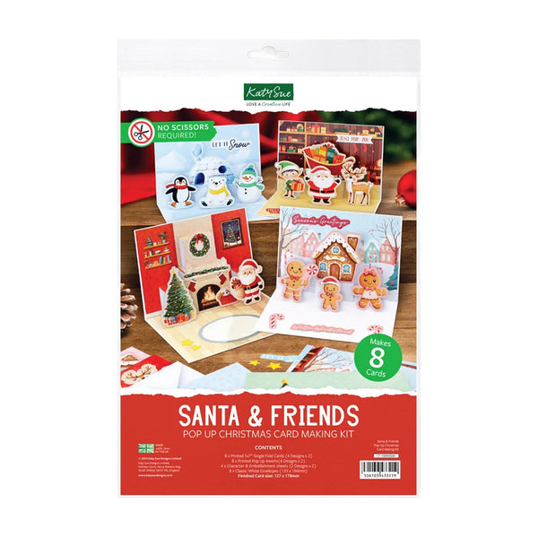 Kate and Jane Santa & Friends Pop Up Christmas Card Making Kit in its retail packaging, featuring colorful illustrations of festive scenes and characters on the front.