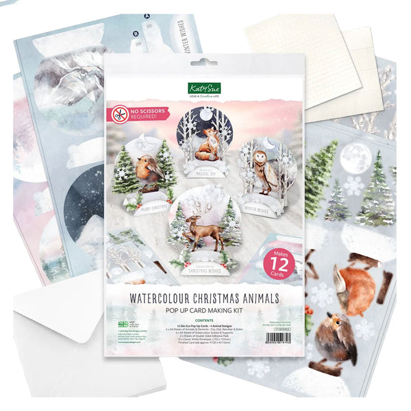 A watercolour Christmas animals pop-up card making kit by Knape & Green, shown with multiple illustrated card sheets fanned out behind the package. The package displays festive animal scenes including a deer, owl, fox, and squirrel in snowy winter settings, with text reading 'Watercolour Christmas Animals Pop-Up Card Making Kit' and 'Includes 12 cards'.
