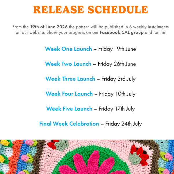 Release schedule for a pattern launch with colorful crochet design at the bottom.